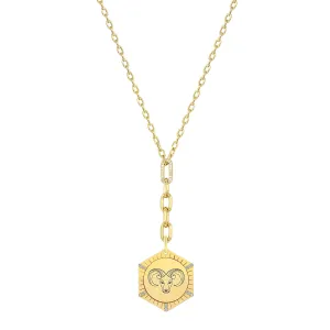 14k Animal with Diamond Rays Hexagon Medallion Mixed Chain with Diamond Link Lariat Necklace