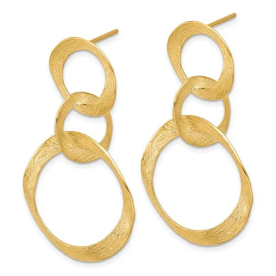 14K Gold Textured Circle Link Dangle Post Earrings