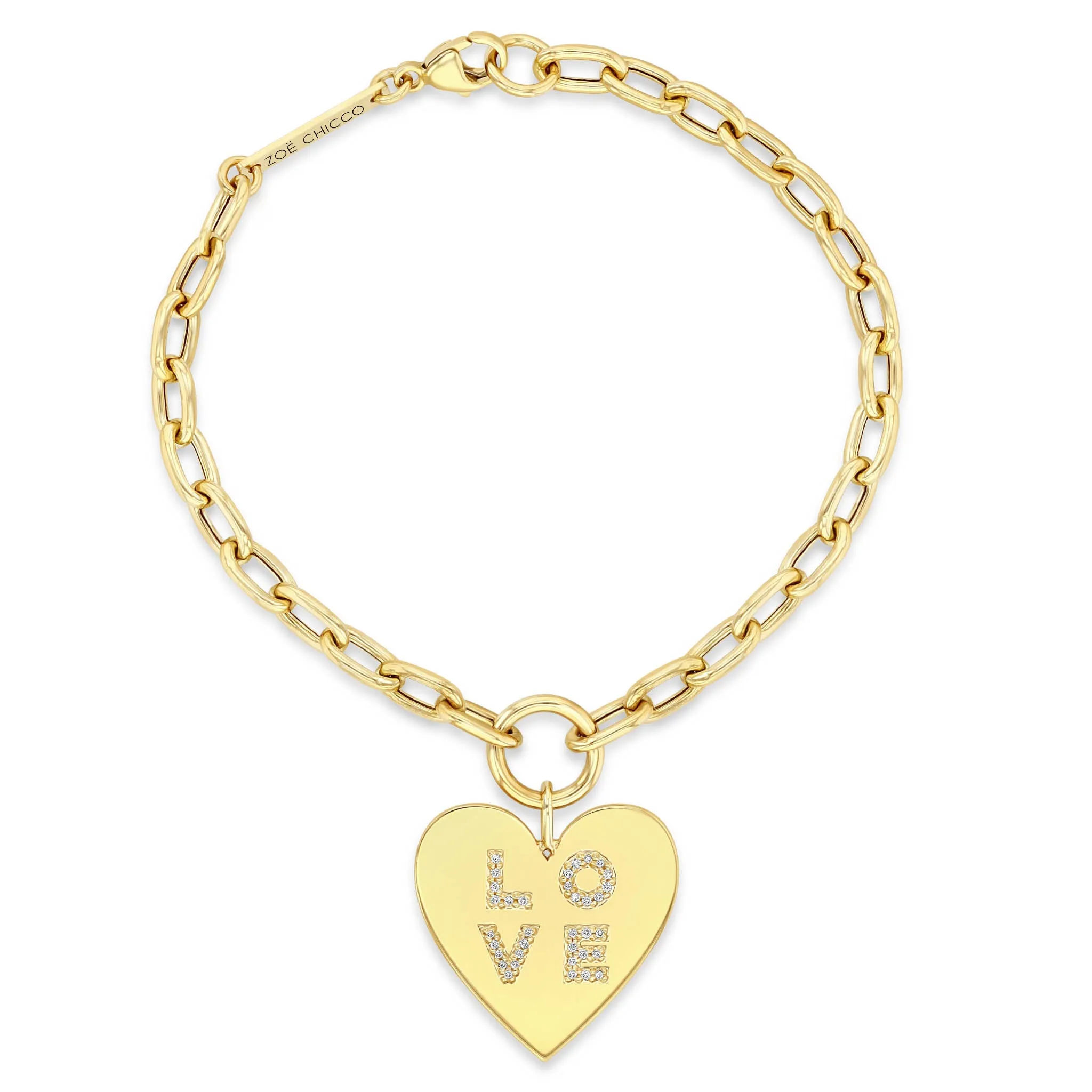 14k Pavé Diamond LOVE Heart Charm Square Oval Chain Bracelet