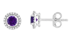 14K White Gold 0.54ctw Amethyst & Diamond Halo Stud Earrings