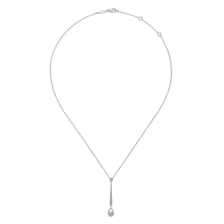 14K White Gold Diamond Bar and Teardrop Pendant Necklace