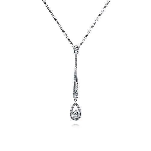 14K White Gold Diamond Bar and Teardrop Pendant Necklace