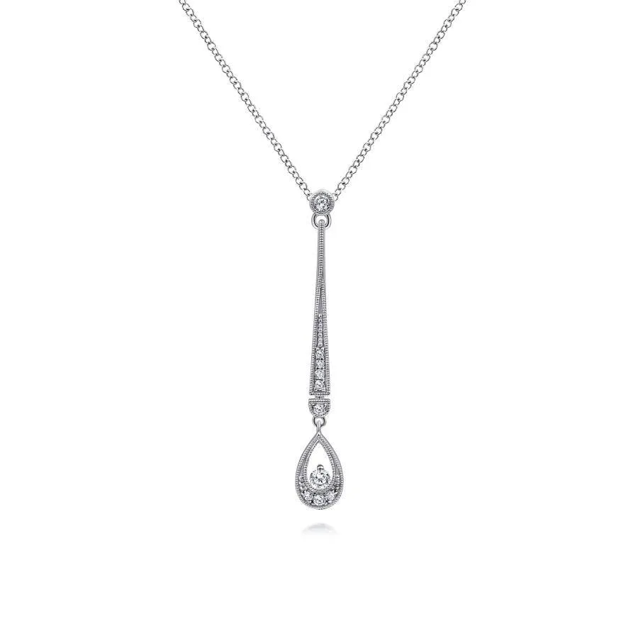 14K White Gold Diamond Bar and Teardrop Pendant Necklace