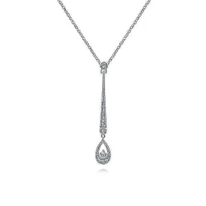 14K White Gold Diamond Bar and Teardrop Pendant Necklace