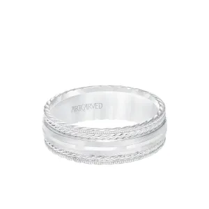 14k White Gold Wedding Band Flat Satin Raised Center Design with Milgrain Rope Edges- 7 mm