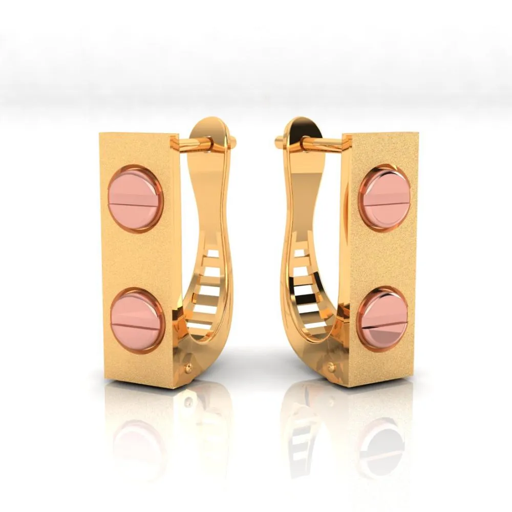 18k Rectangle Shaped Gold Earrings With Two Yellow Gold Coloured Dots