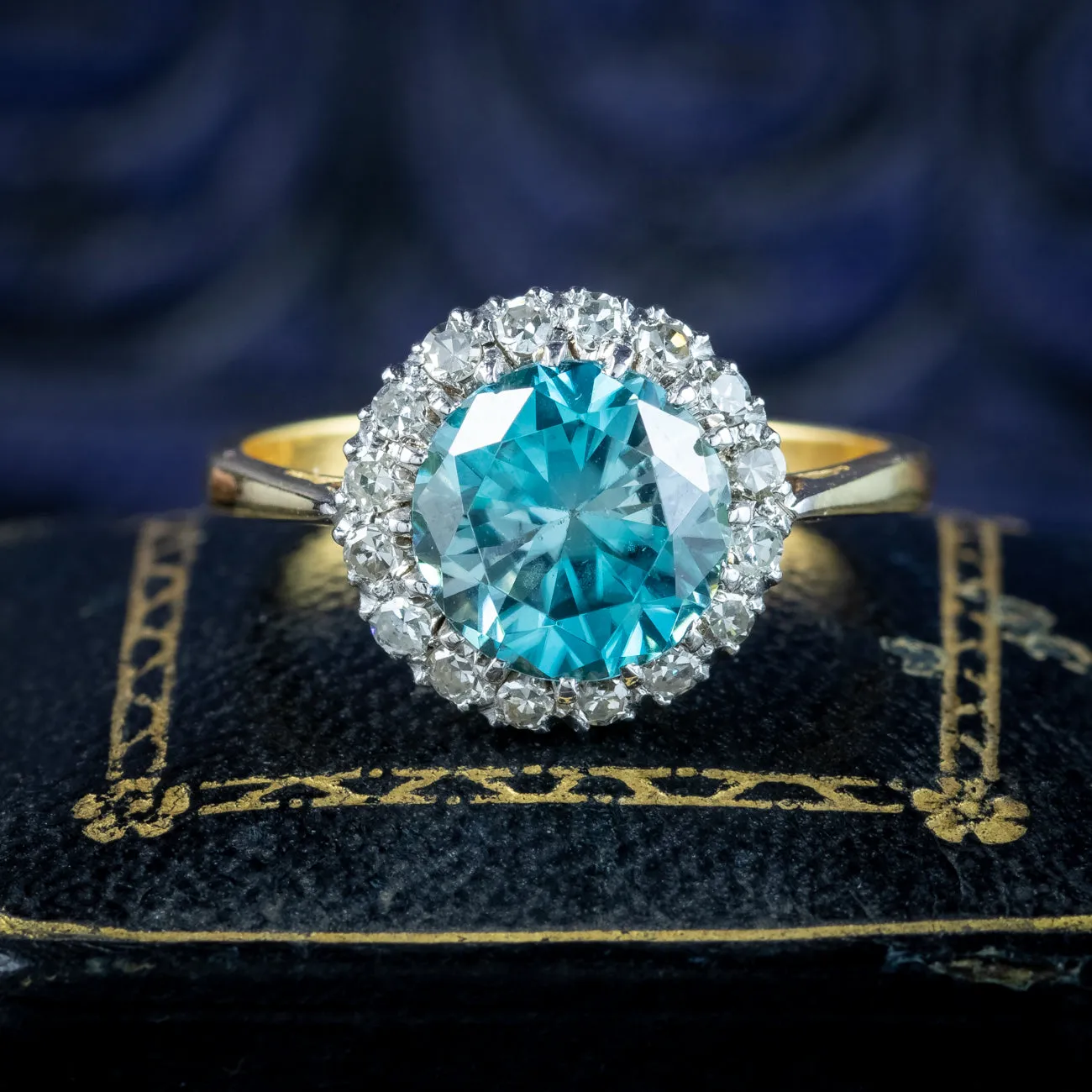 Antique Edwardian Blue Zircon Diamond Cluster Ring 3.2ct Zircon