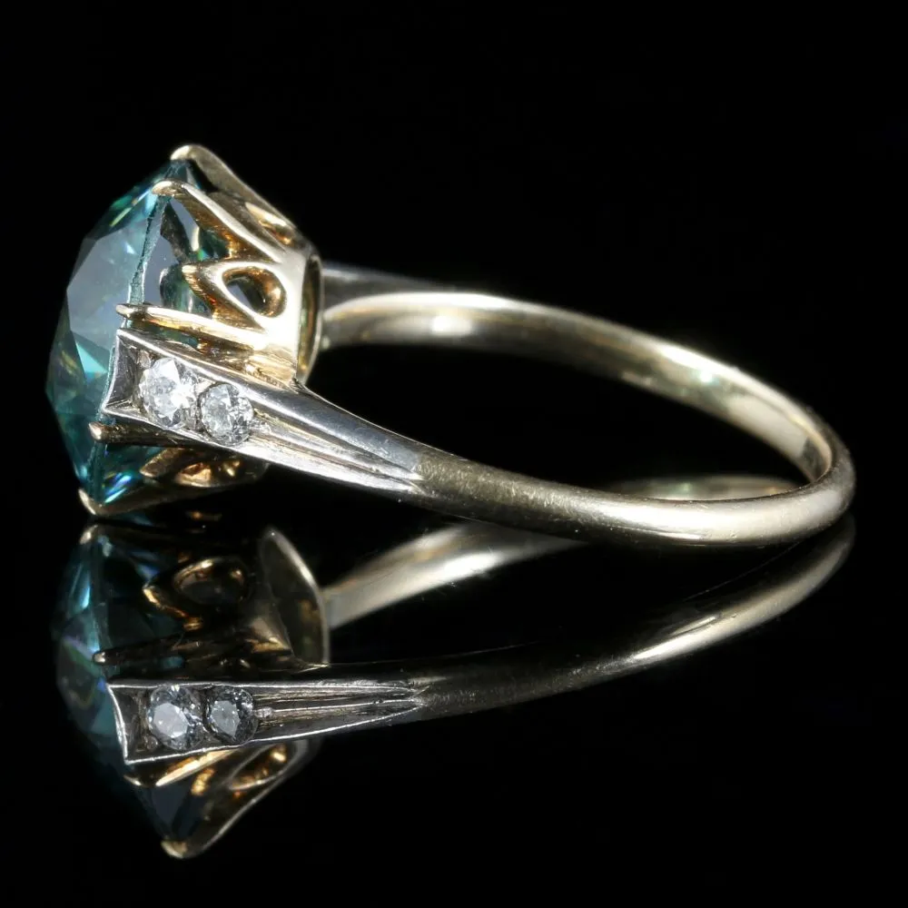 Antique Edwardian Blue Zircon Diamond Ring 18Ct Gold 4.50Ct Blue Zircon