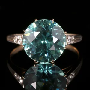 Antique Edwardian Blue Zircon Diamond Ring 18Ct Gold 4.50Ct Blue Zircon