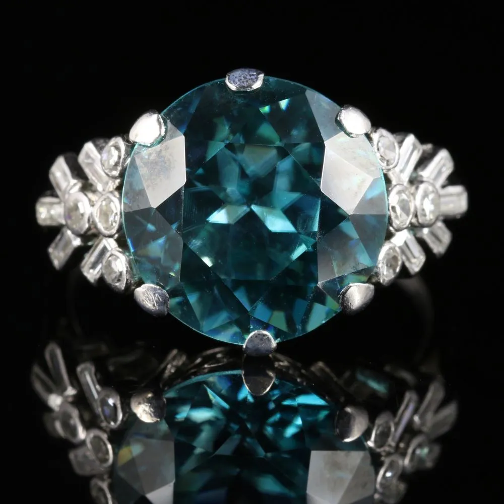 Antique Edwardian Blue Zircon Diamond Ring Platinum 8Ct Zircon Circa 1915