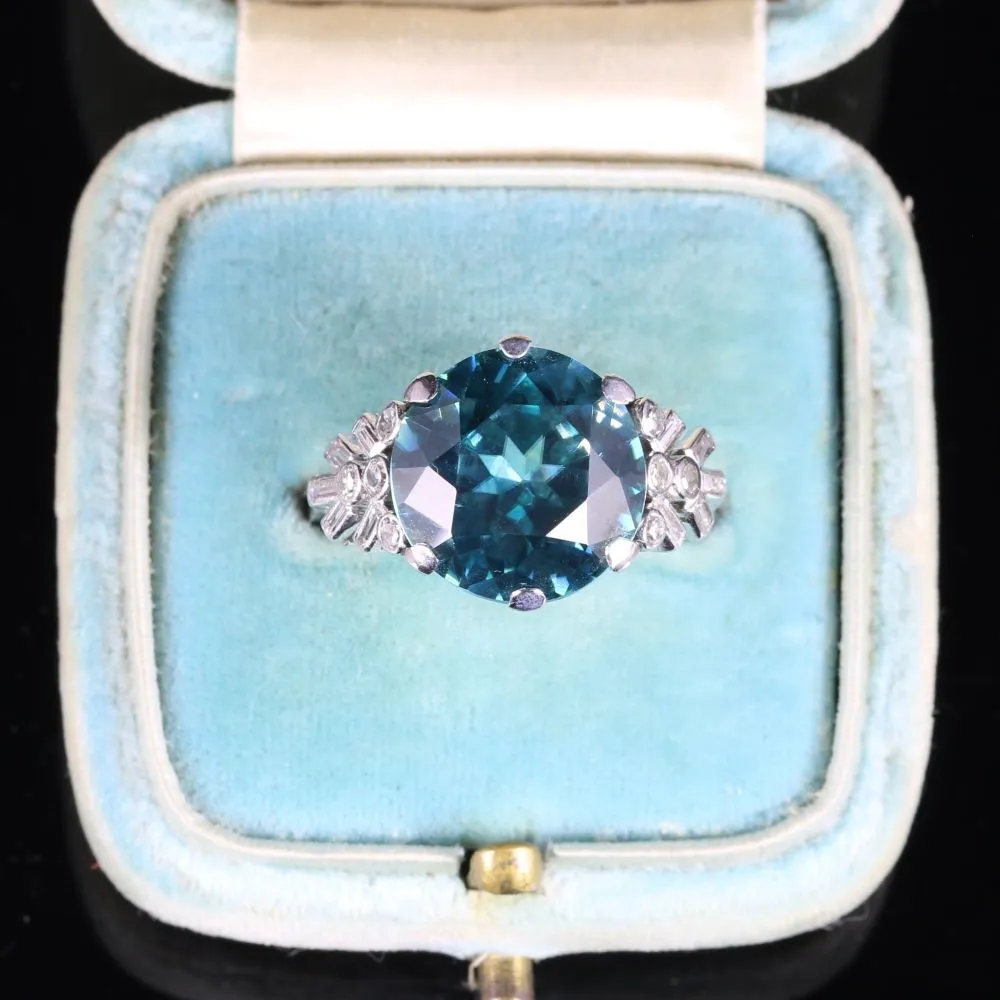 Antique Edwardian Blue Zircon Diamond Ring Platinum 8Ct Zircon Circa 1915