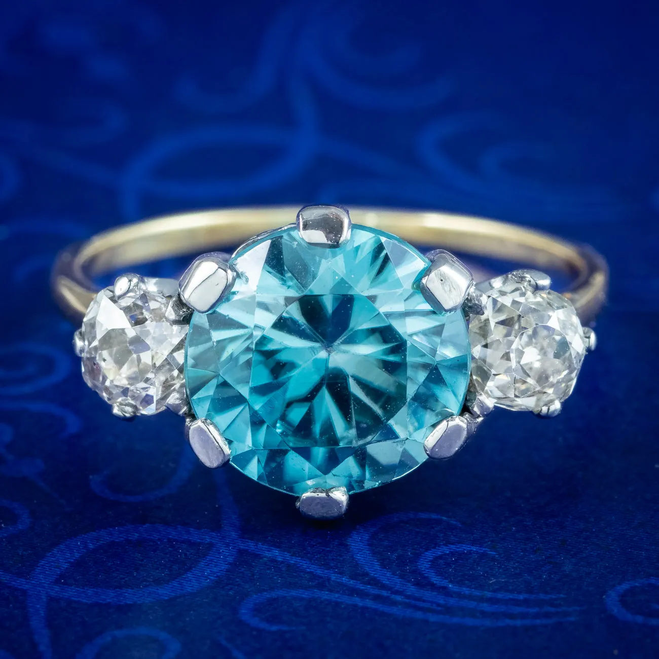 Antique Edwardian Blue Zircon Diamond Trilogy Ring 3ct Zircon