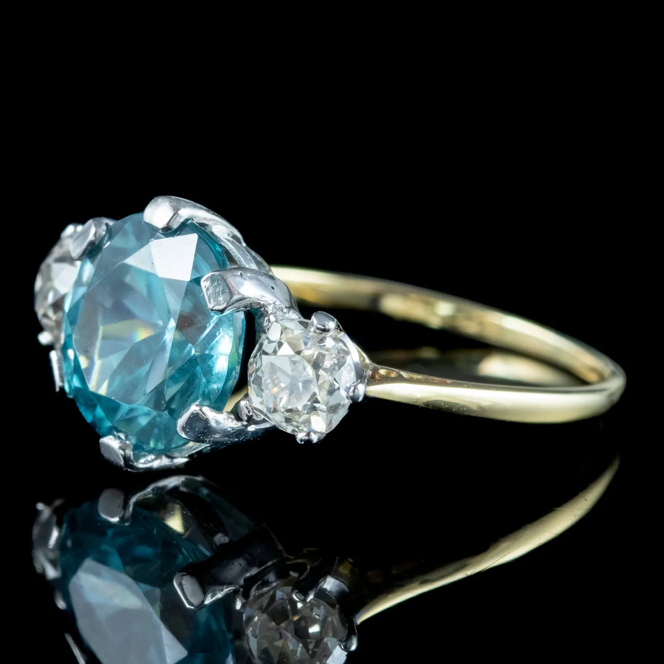 Antique Edwardian Blue Zircon Diamond Trilogy Ring 3ct Zircon