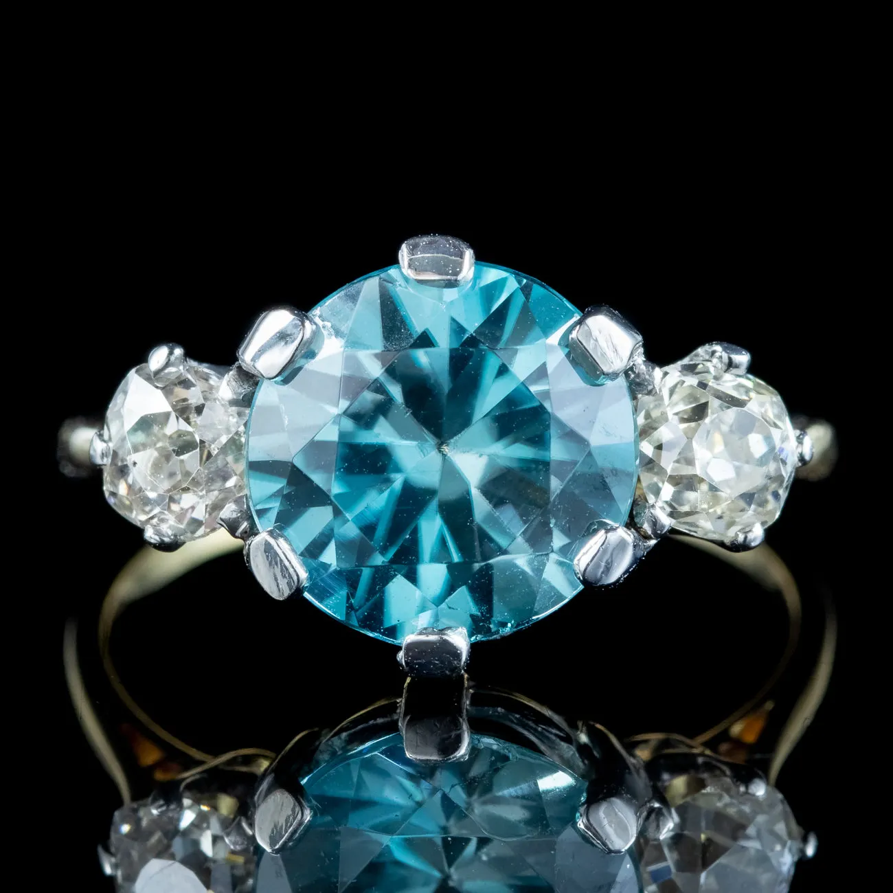 Antique Edwardian Blue Zircon Diamond Trilogy Ring 3ct Zircon