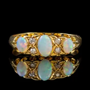 Antique Edwardian Opal Diamond Ring 18Ct Gold Dated 1915