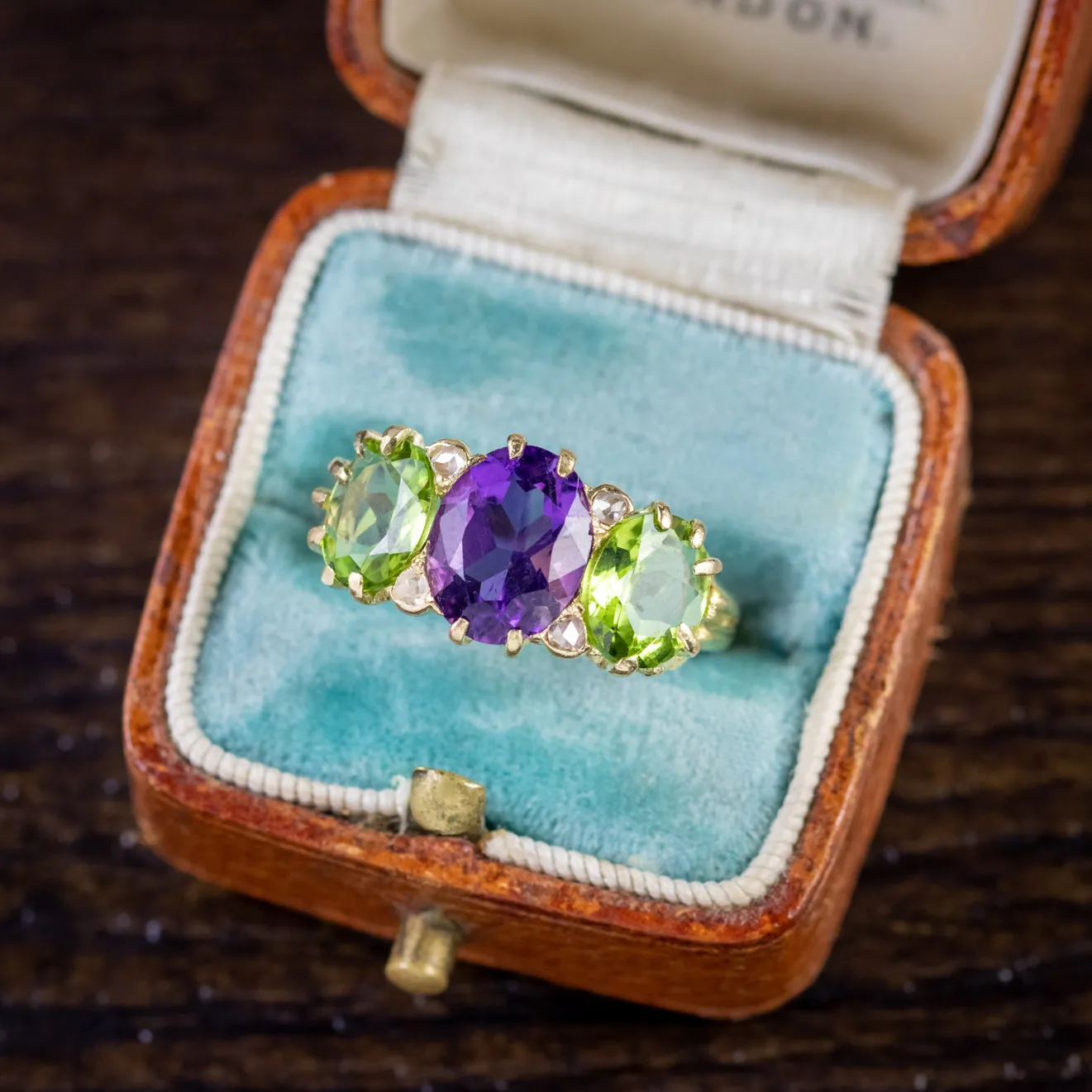 Antique Edwardian Suffragette Amethyst Diamond Peridot Ring Circa 1910