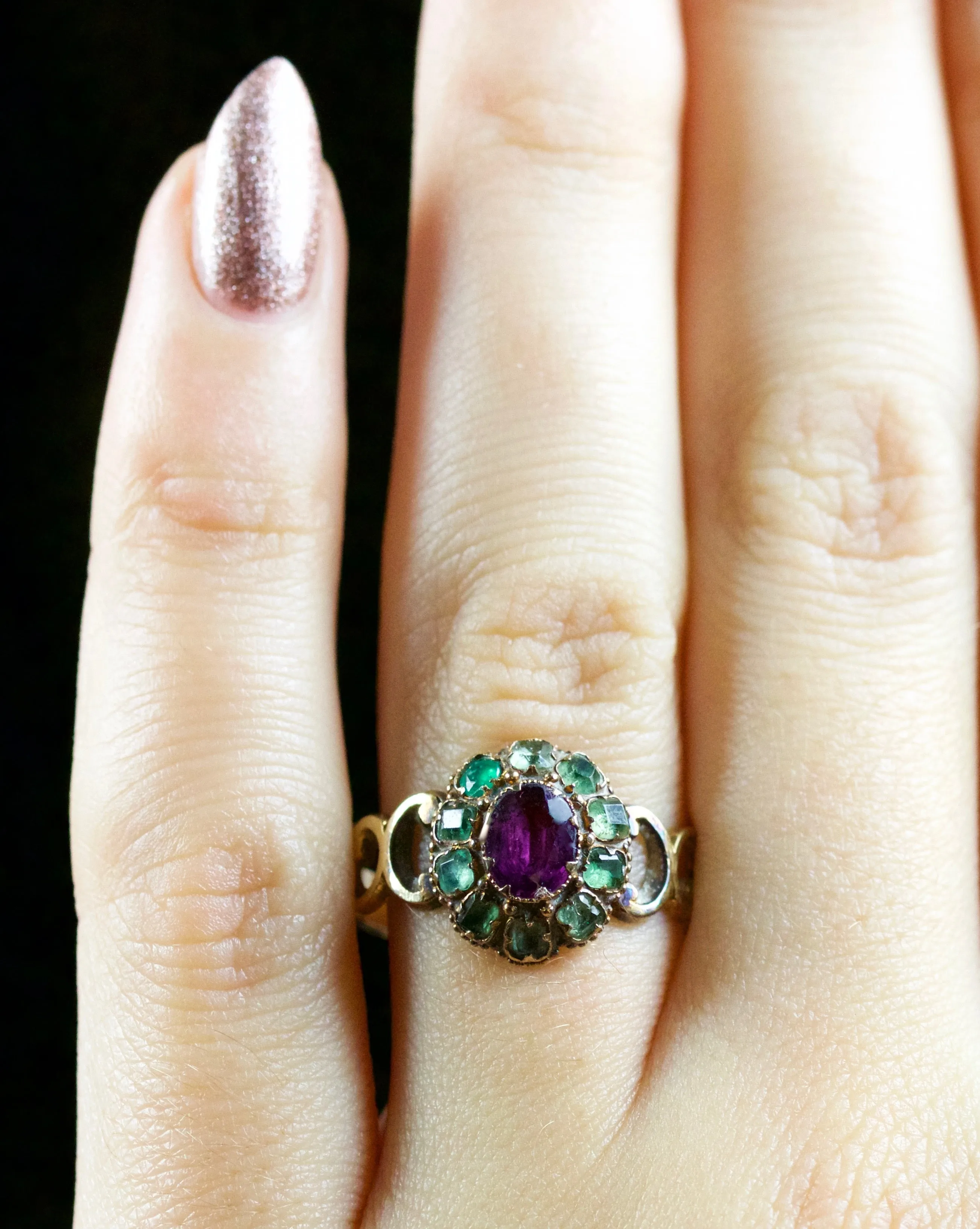 Antique Georgian Emerald Almandine Garnet Ring 18Ct Circa 1800