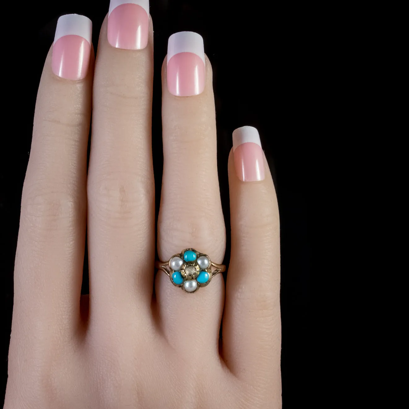 Antique Georgian Turquoise Pearl Diamond Cluster Ring