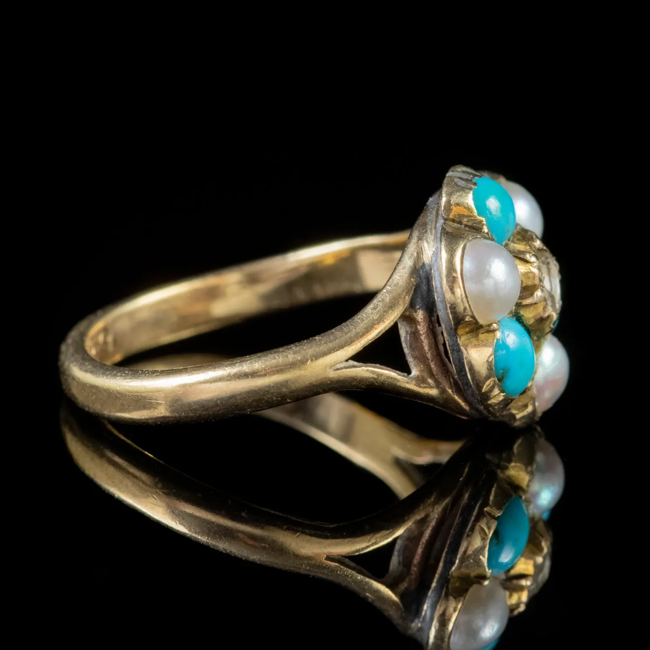 Antique Georgian Turquoise Pearl Diamond Cluster Ring