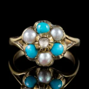 Antique Georgian Turquoise Pearl Diamond Cluster Ring