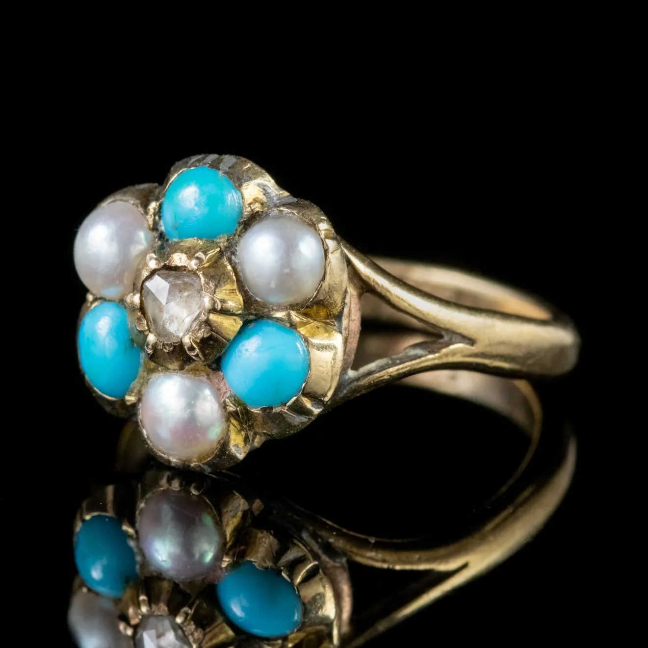 Antique Georgian Turquoise Pearl Diamond Cluster Ring