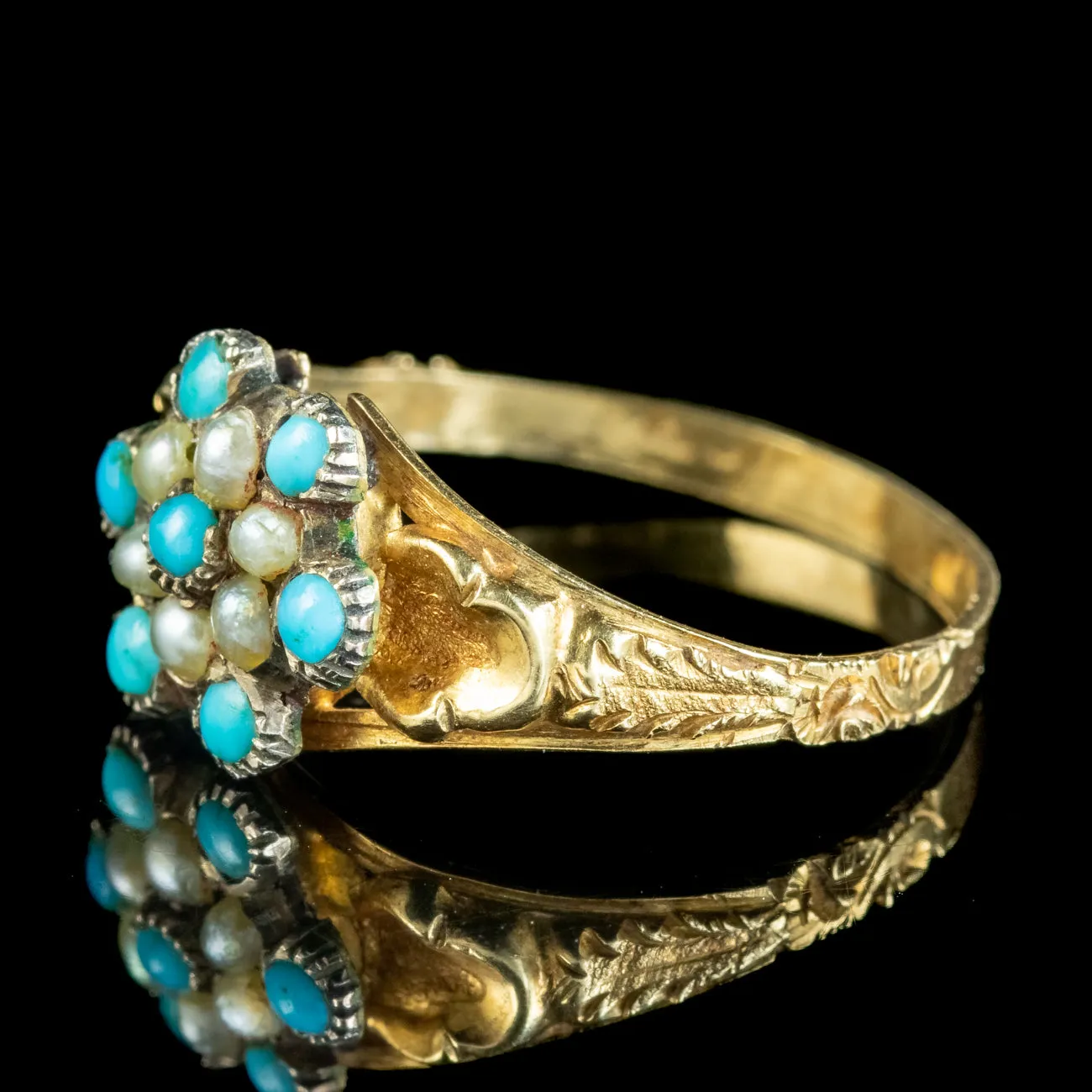 Antique Georgian Turquoise Pearl Flower Ring With Locket