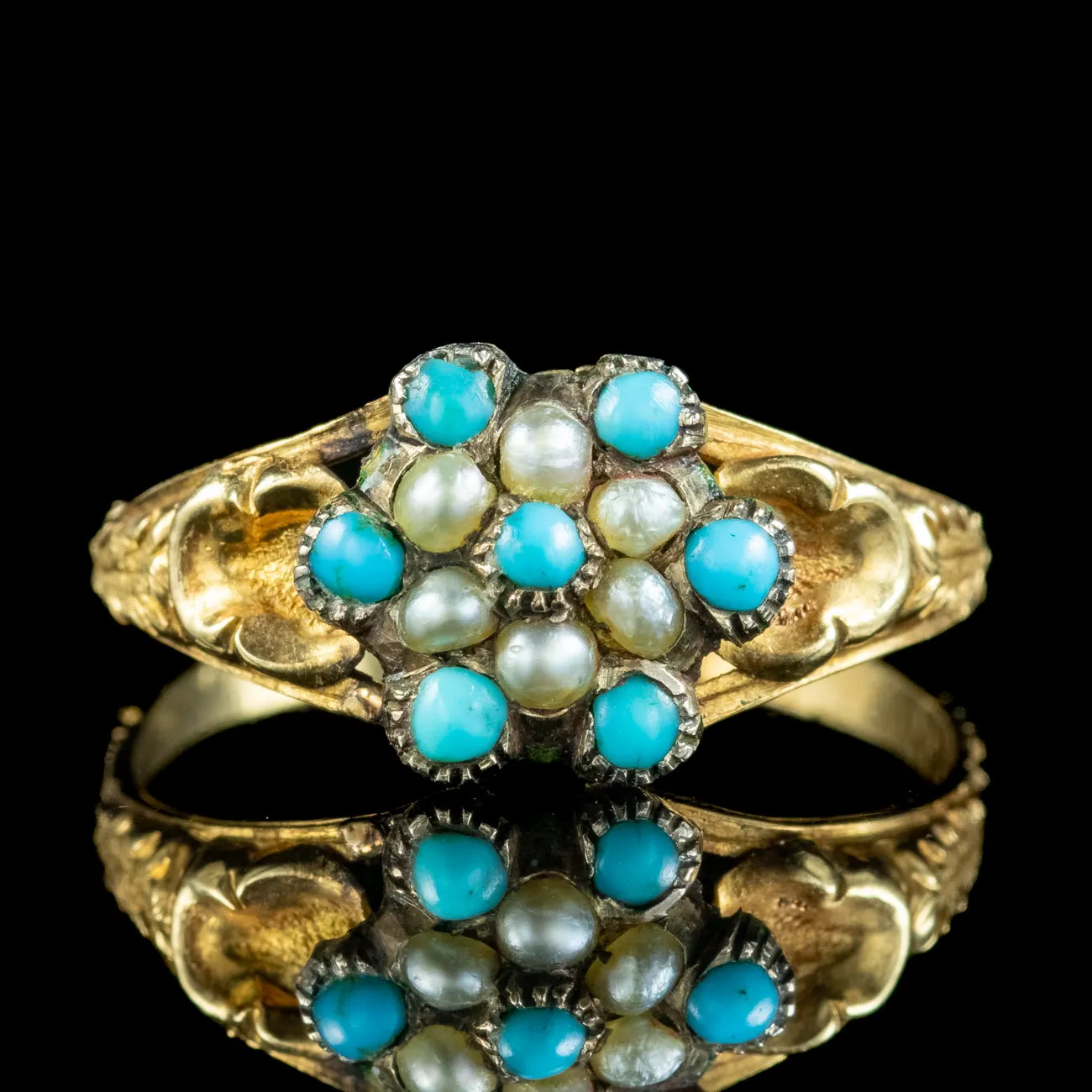 Antique Georgian Turquoise Pearl Flower Ring With Locket