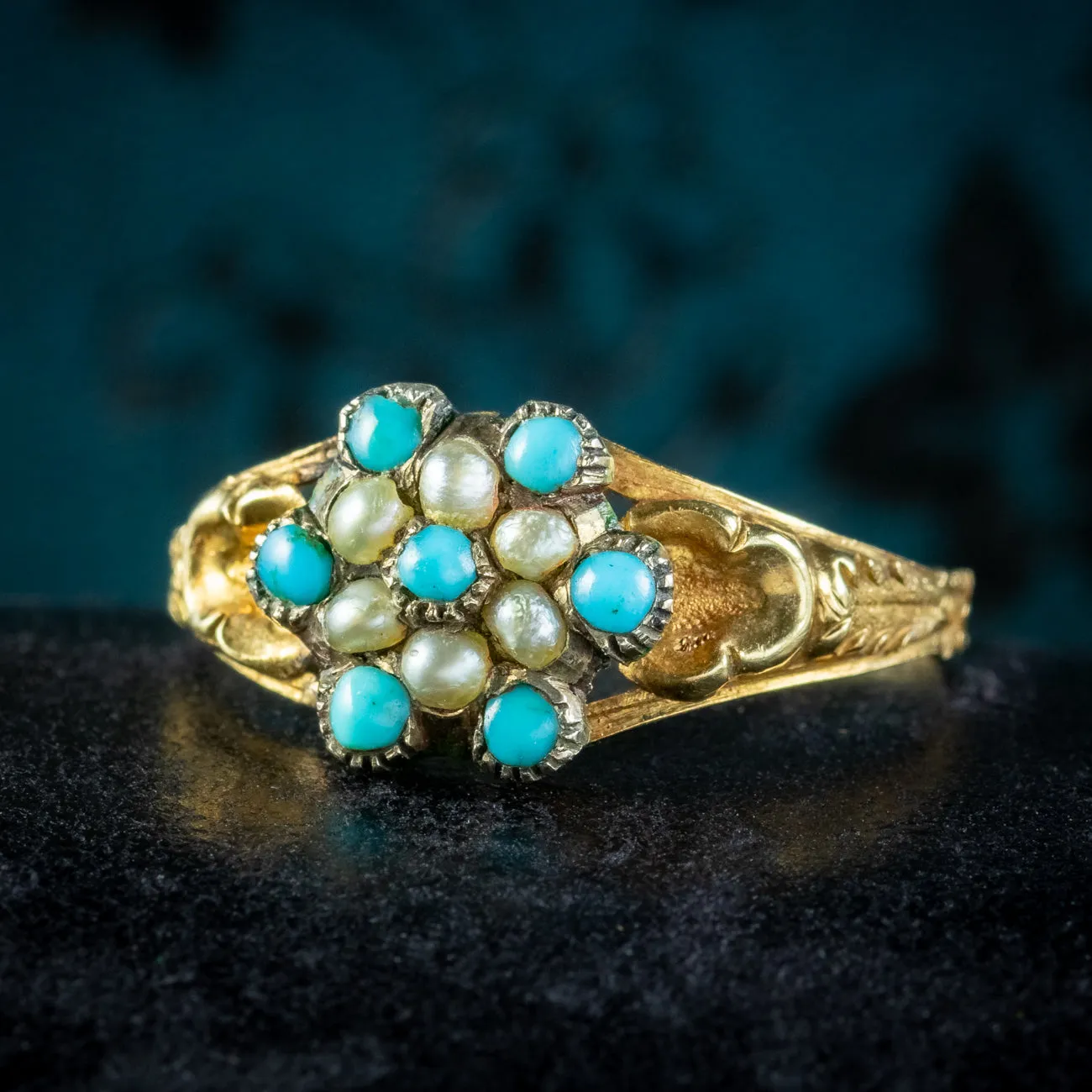 Antique Georgian Turquoise Pearl Flower Ring With Locket