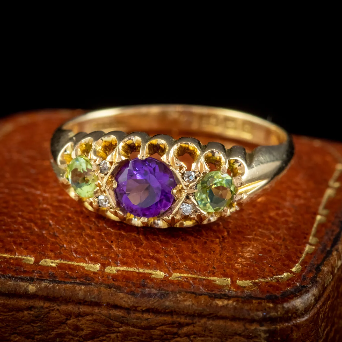 Antique Suffragette Ring Amethyst Peridot Diamond 18ct Gold S Blanckensee And Son Dated 1917