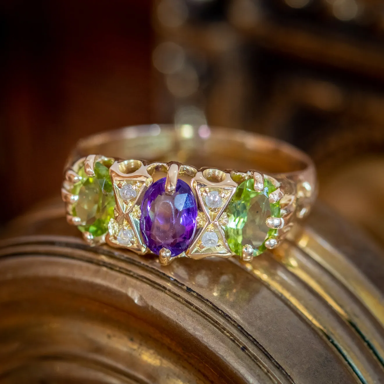 Antique Suffragette Ring Peridot Amethyst Diamond 18Ct Gold Circa 1910