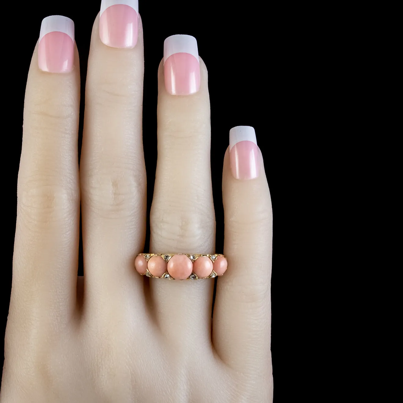 Antique Victorian Coral Diamond Ring Circa 1900