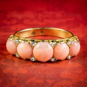 Antique Victorian Coral Diamond Ring Circa 1900