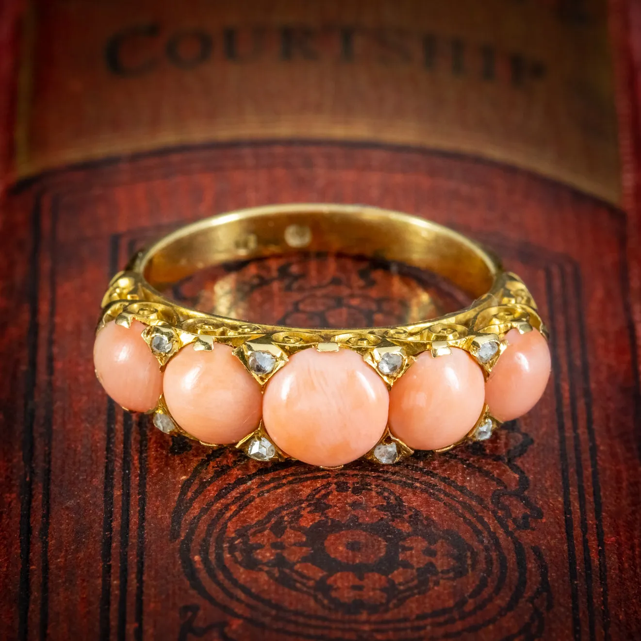 Antique Victorian Coral Diamond Ring Circa 1900