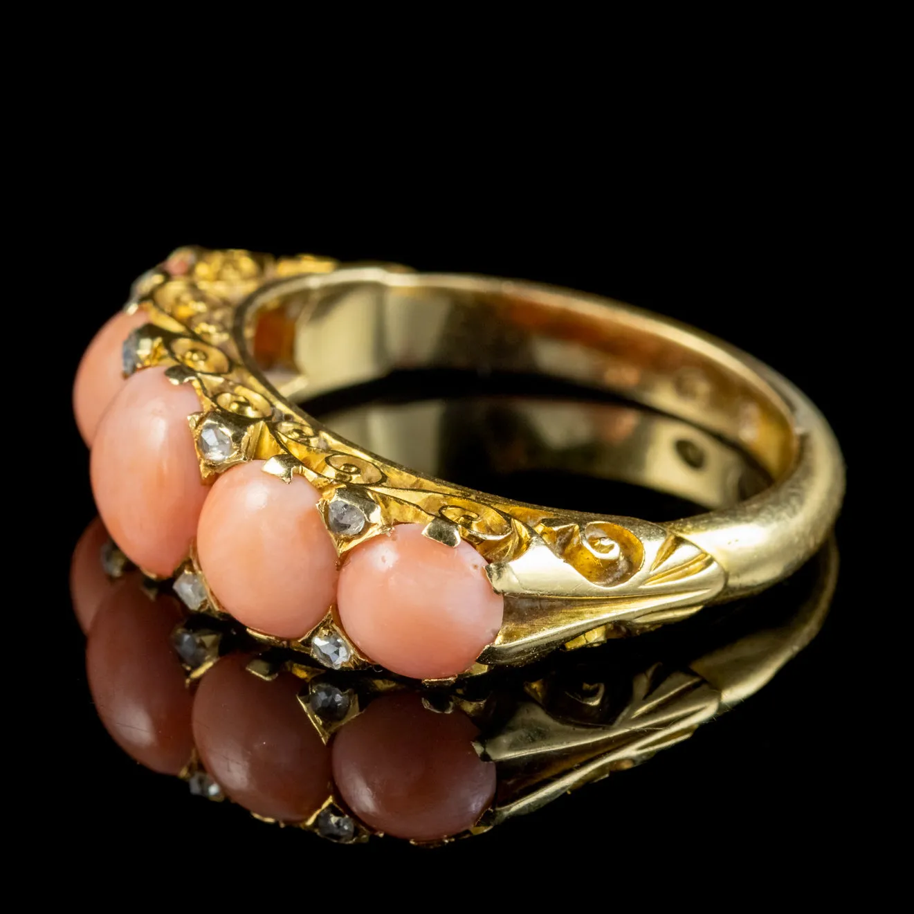 Antique Victorian Coral Diamond Ring Circa 1900