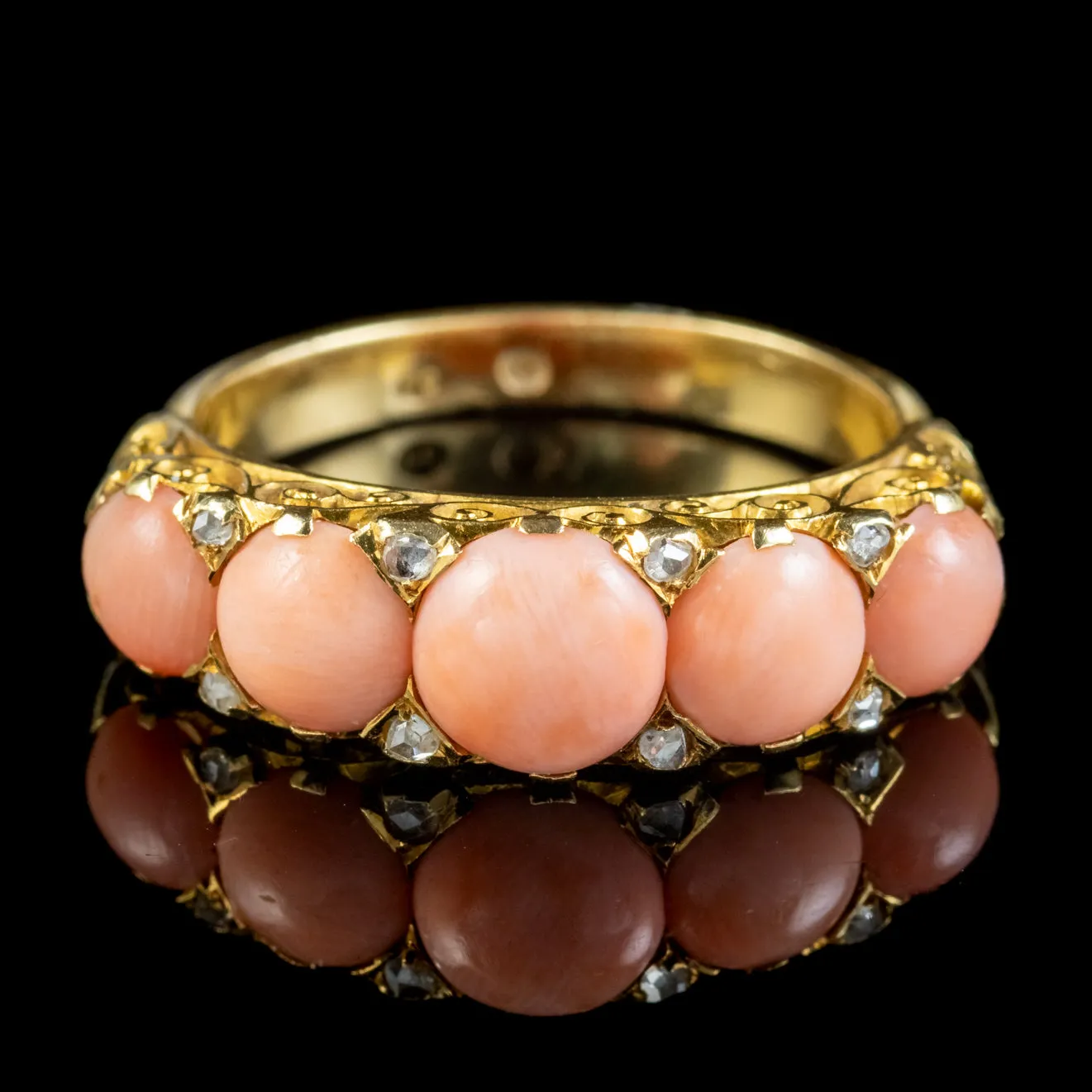 Antique Victorian Coral Diamond Ring Circa 1900