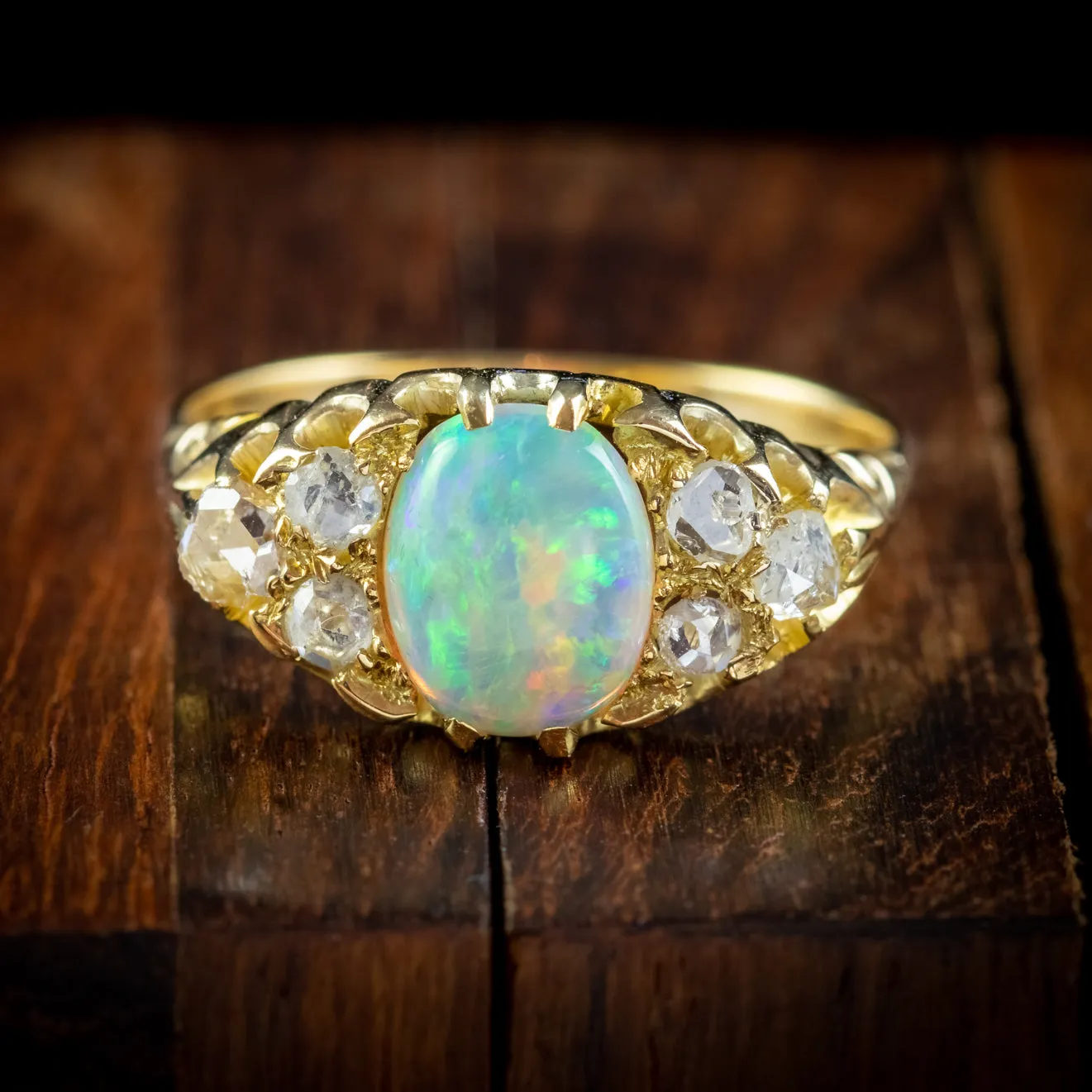 Antique Victorian Opal Diamond Cluster Ring 18Ct Gold 1.60Ct Opal Circa 1880