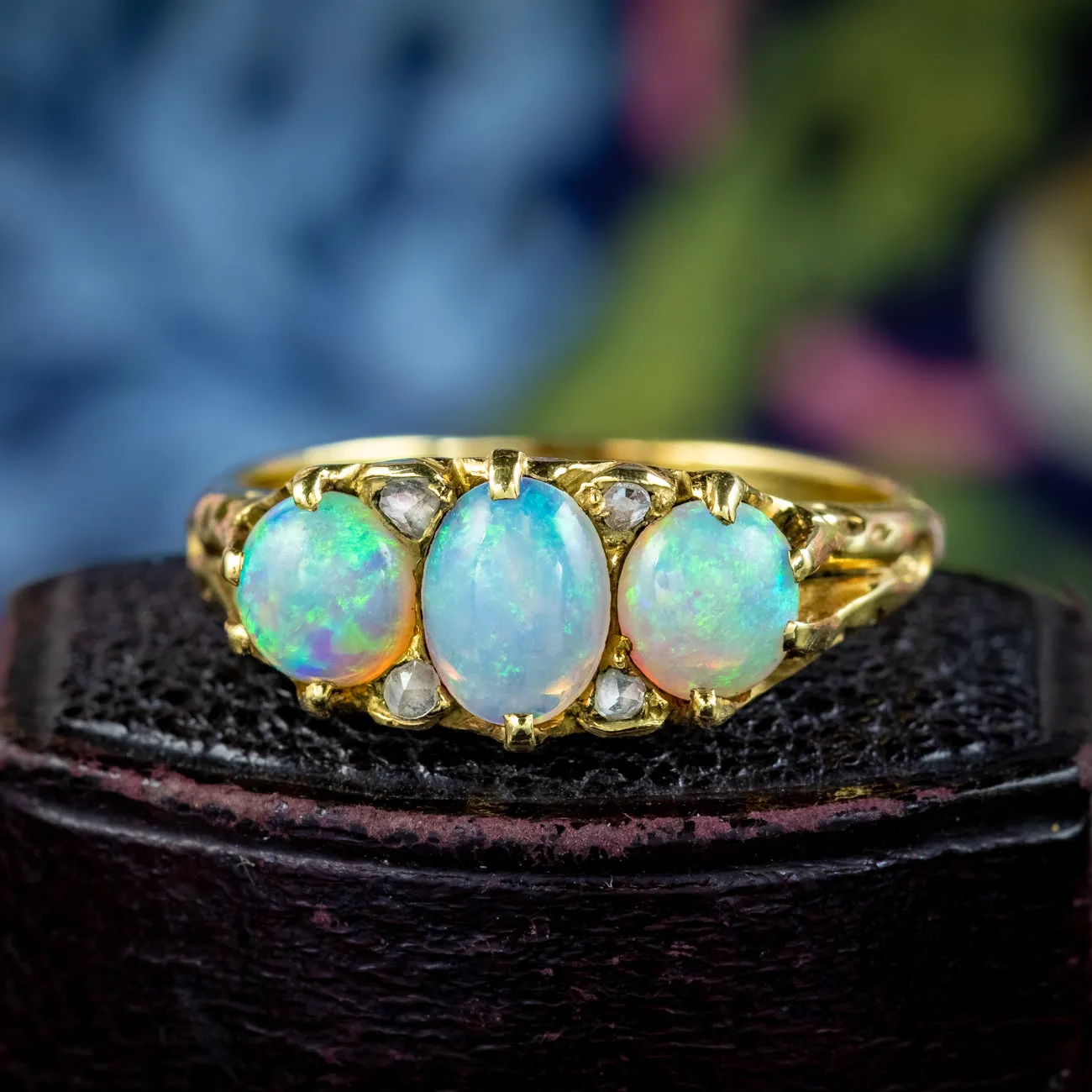 Antique Victorian Opal Diamond Trilogy Ring 0.90ct Total