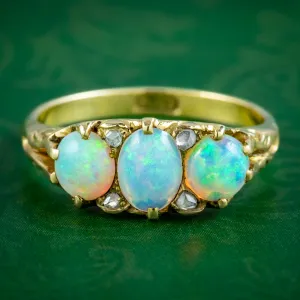 Antique Victorian Opal Diamond Trilogy Ring 0.90ct Total