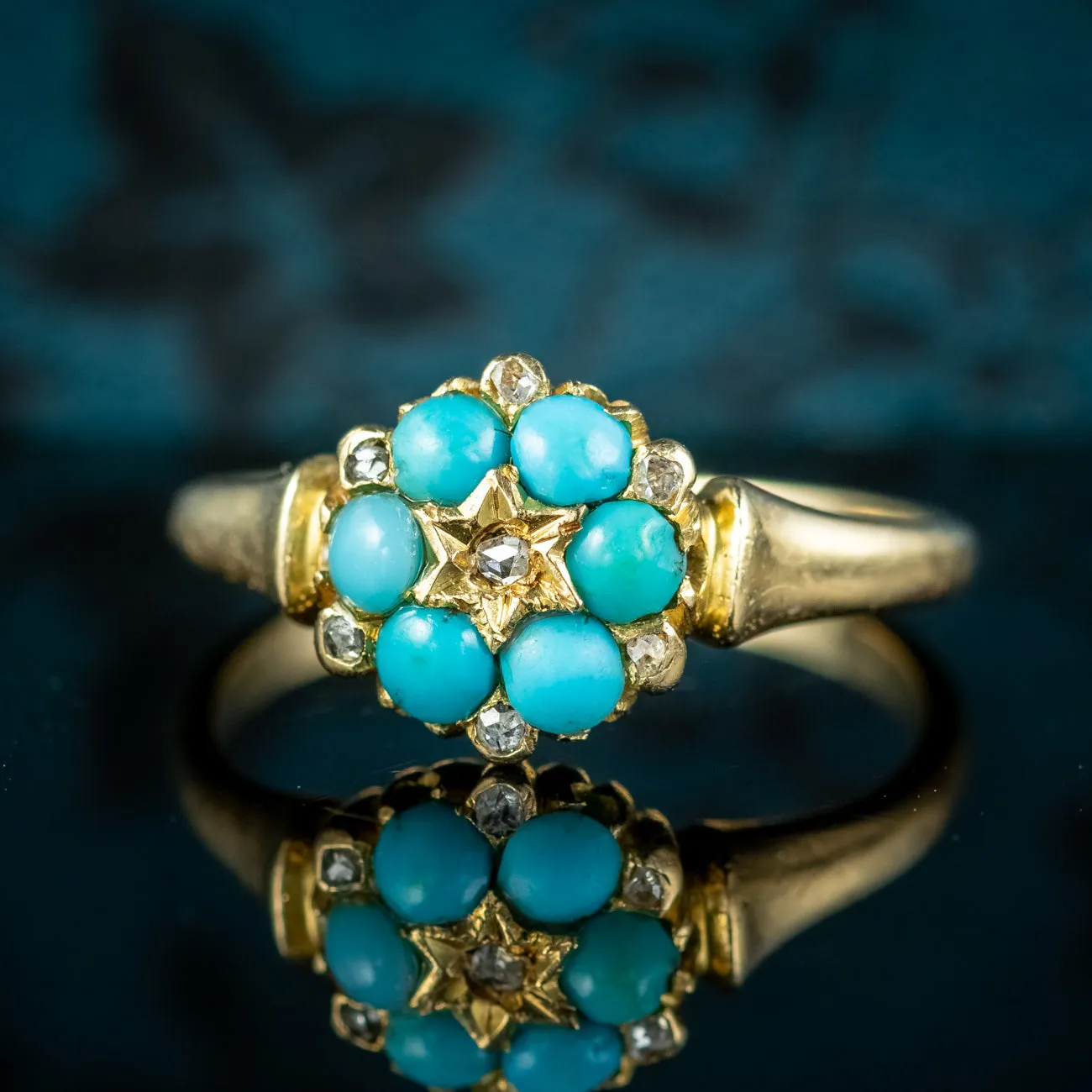 Antique Victorian Turquoise Diamond Flower Ring Dated 1871