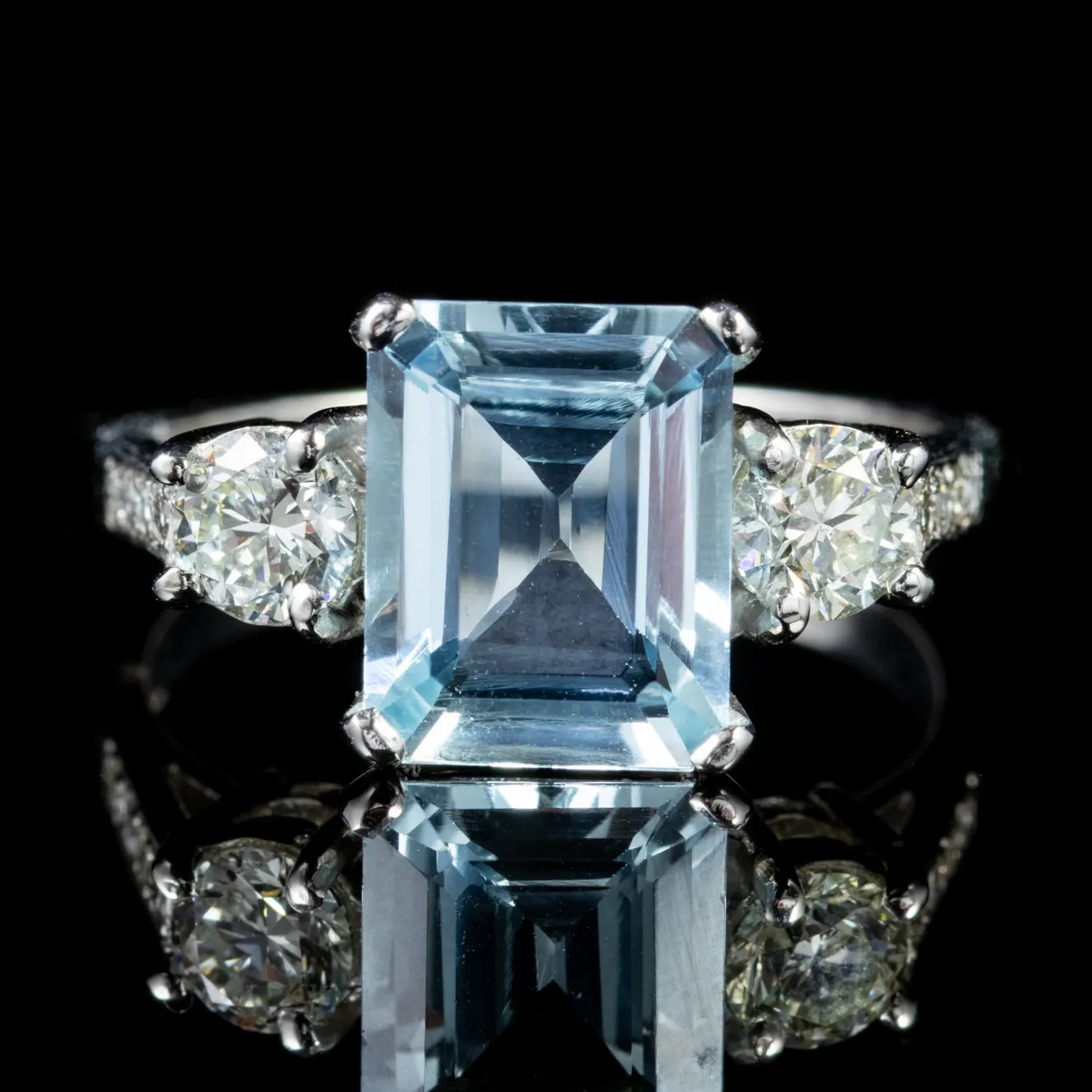 Aquamarine Diamond Trilogy Ring Platinum 3.80Ct Aqua