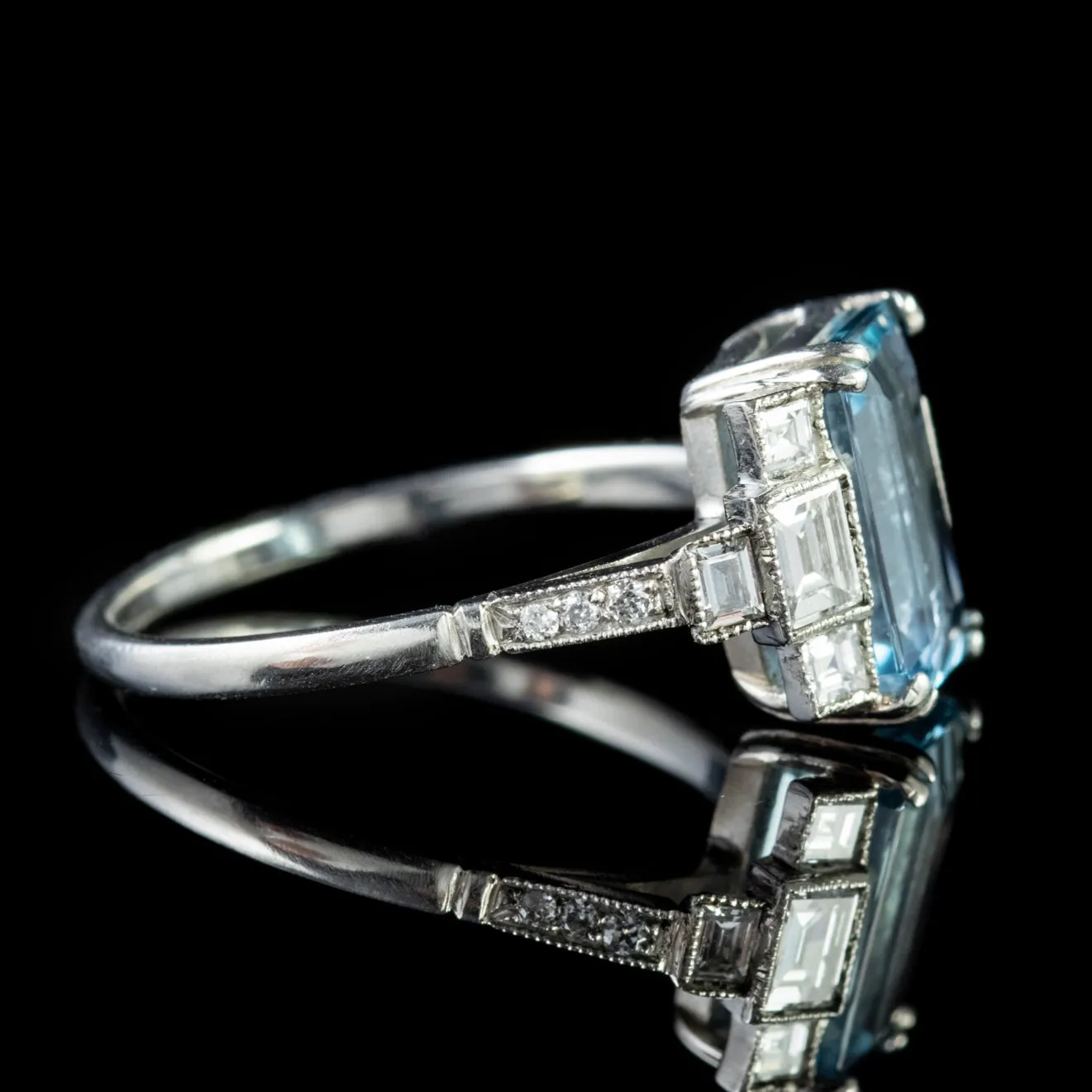 Art Deco Aquamarine Diamond Ring 18Ct White Gold 3.50Ct Aqua