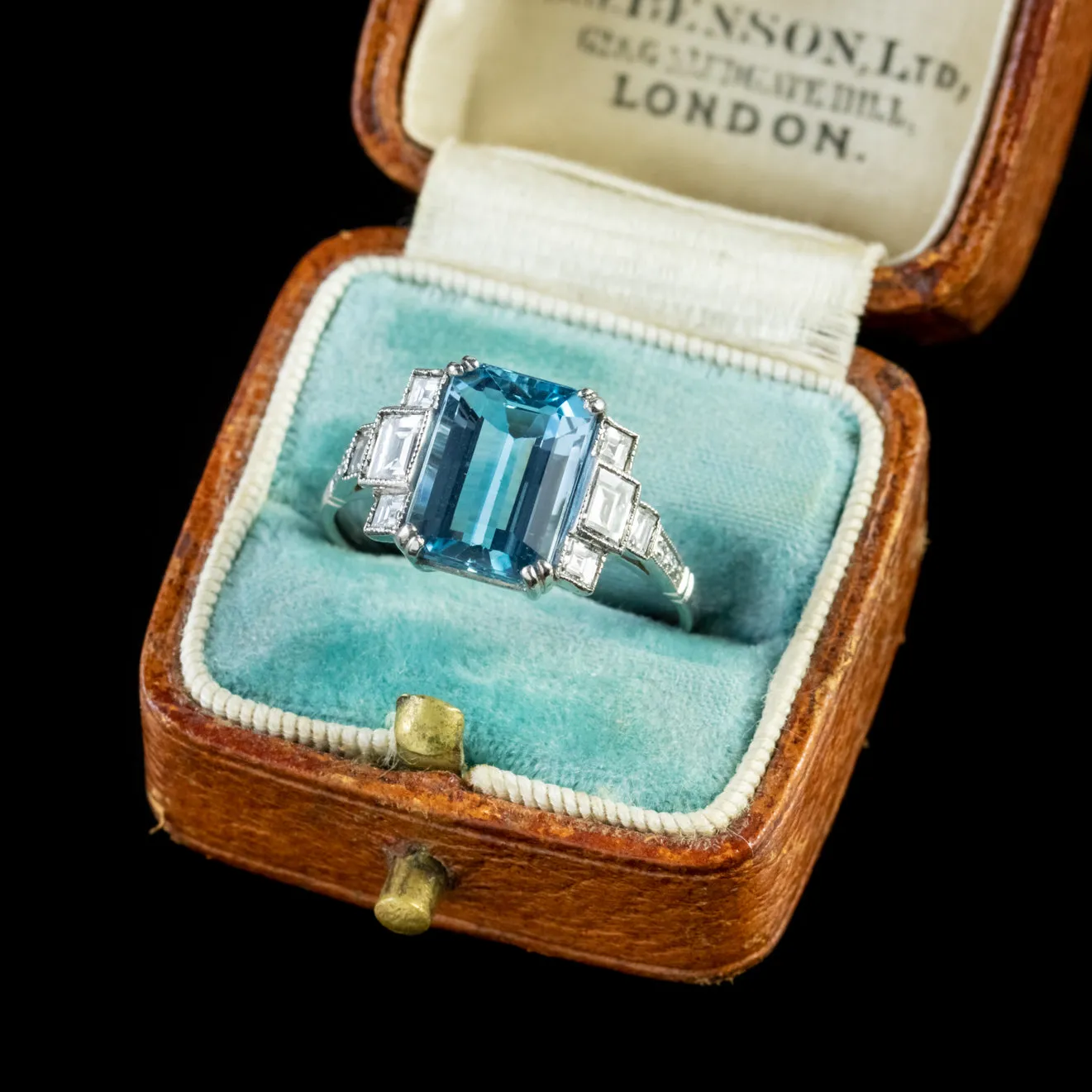 Art Deco Aquamarine Diamond Ring 18Ct White Gold 3.50Ct Aqua