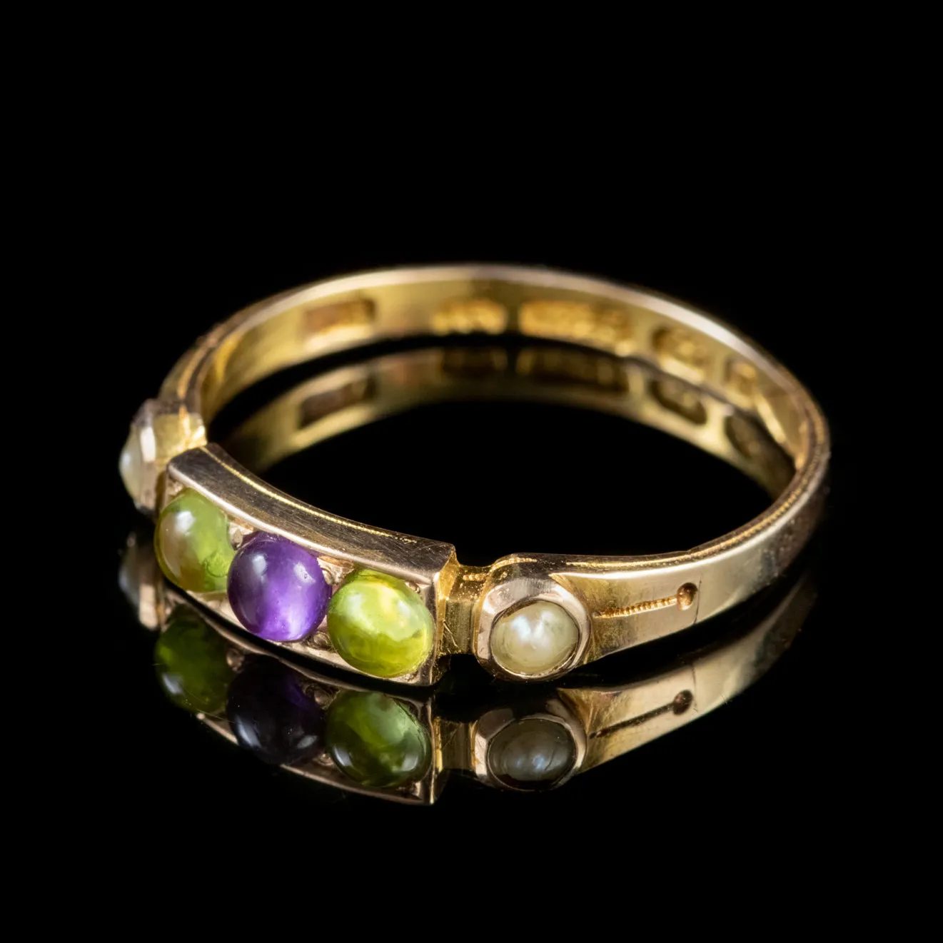 Art Deco Suffragette Peridot Amethyst Pearl Ring 15Ct Gold Dated 1924