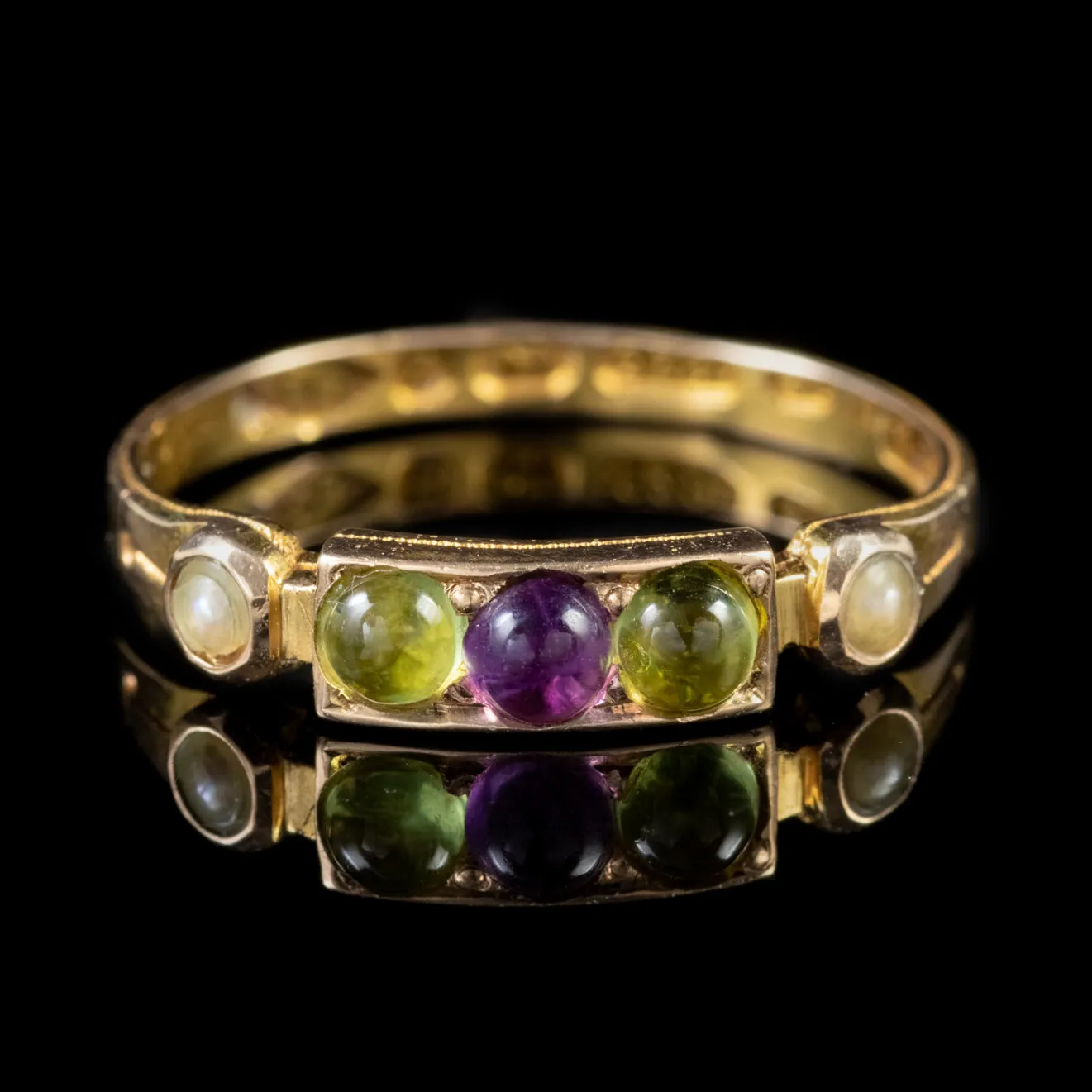 Art Deco Suffragette Peridot Amethyst Pearl Ring 15Ct Gold Dated 1924