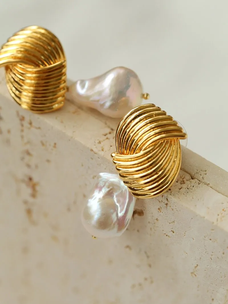 Baroque Pearl Twisted Metal Stripe Texture Earrings