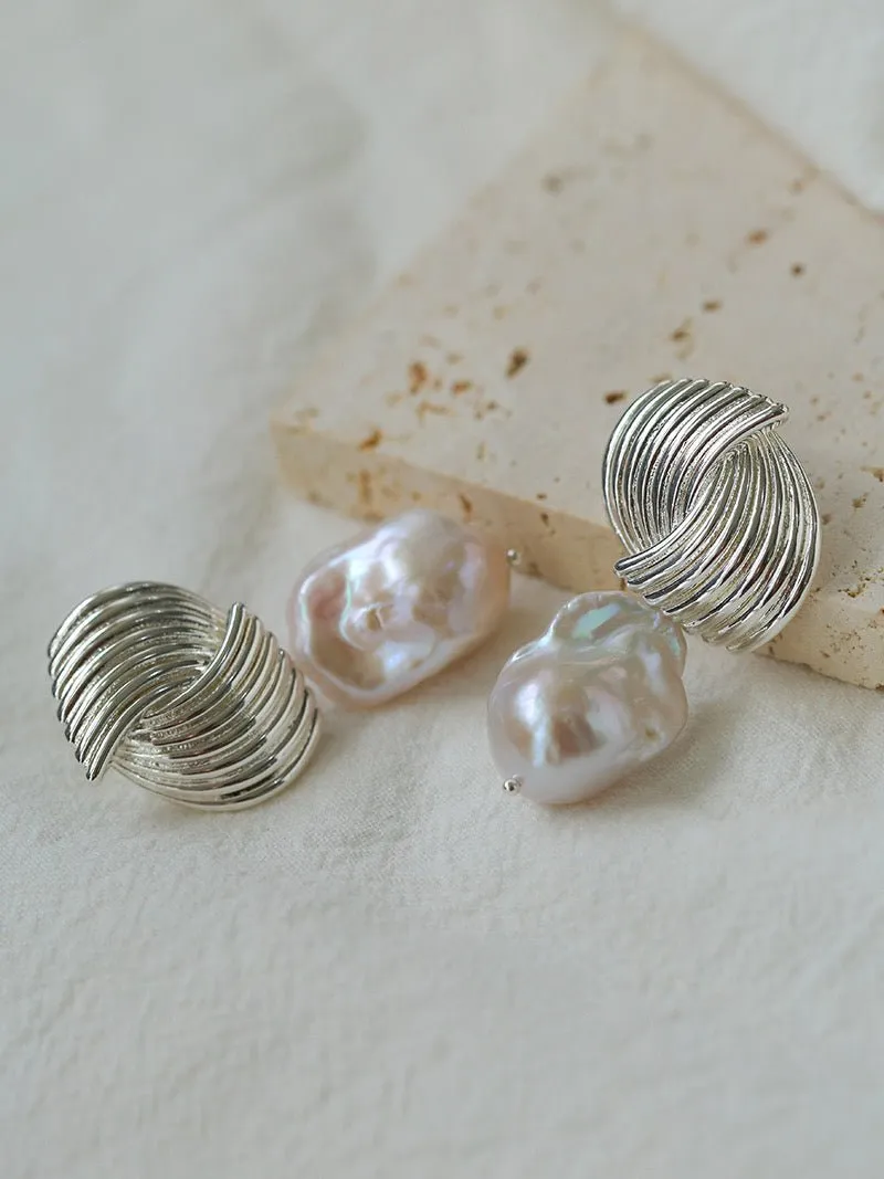 Baroque Pearl Twisted Metal Stripe Texture Earrings