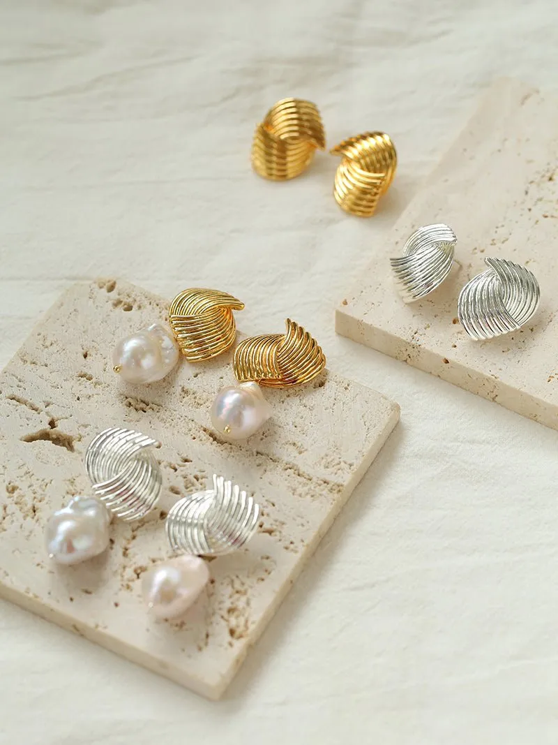 Baroque Pearl Twisted Metal Stripe Texture Earrings