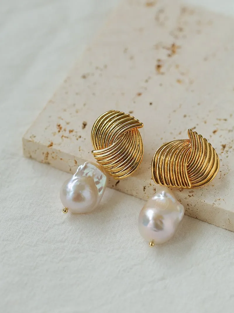 Baroque Pearl Twisted Metal Stripe Texture Earrings