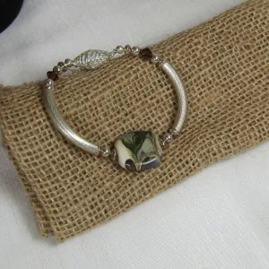 Beige and Brown Artisan Bead Silver Bangle Bracelet