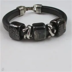 Black Leather Bracelet with  Handmade Ceramic Accents in a Plus Size